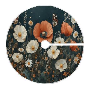 Imagem de Blueangle Saia de árvore de Natal floral vermelha de 120 cm - poliéster macio e resistente a rugas, decoração de férias para festas de Natal, árvore festiva e decoração de casa (218)