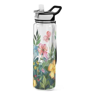 Imagem de ATTX Garrafa de água colorida de ervas e flores, 946 ml, à prova de vazamento e livre de BPA, garrafas de água reutilizáveis de plástico Tritan para viagens, academia, fitness, corrida #335