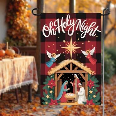 Imagem de Christmas Oh Holy Night Garden Flag Presépio Cristão Decoração Presentes para Mulheres Homens Natal Inverno Decorações de Férias Gramado Quintal Jardim Bandeiras para Exterior Casa Fazenda Quintal