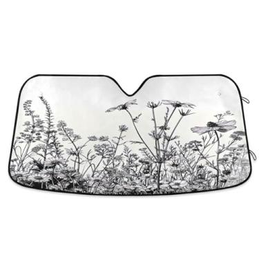 Imagem de ATTX Pára-brisas de carro flores pretas e brancas 139.7 cm x 70.1 cm Protetor solar universal com proteção UV, persiana de janela frontal automática dobrável para caminhões Sedans SUVs #991