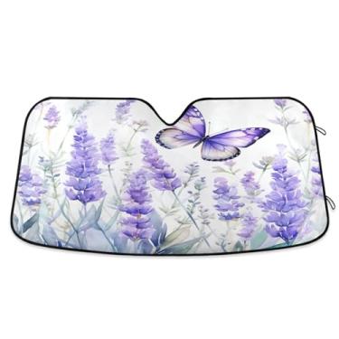 Imagem de ATTX Belo para-sol de para-brisa de carro lavanda 139.7 cm x 70.1 cm escudo solar universal com proteção UV, persiana de janela frontal automática dobrável para caminhões Sedans SUVs #487