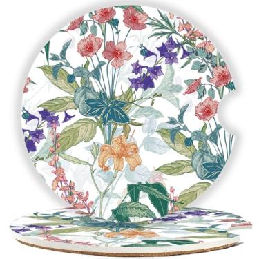 Imagem de Mengduxd Conjunto de porta-copos de carro, porta-copos de cerâmica de 2,56 cm, suporte de cortiça resistente a arranhões, design de ranhura de dedo para fácil colocação, unissex (flores de trombeta