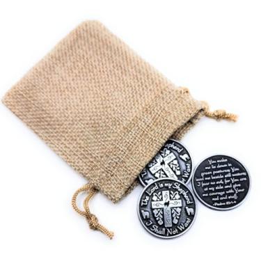 Imagem de 23rd Psalm Token - 1 Inch The Lord is My Shepherd Token with Antique Silver Finish, Burlap Pouch Included - Inspirational Psalm 23 Pocket Token Set - Total 4 Items