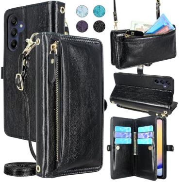 Imagem de Lacass Capa carteira para Samsung Galaxy A25 5G, [proteção contra roubo de cartões] Suporte de cartão com zíper de couro flip alça de pulso transversal com suporte (preto)