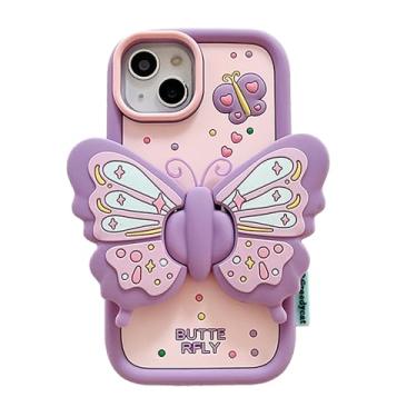 Imagem de YWYUHE Capa de telefone de borboleta roxa compatível com iPhone 12 Pro, linda capa 3D com borboleta dopamina da Coreia com suporte dobrável de asas de borboleta, capa macia de silicone à prova de