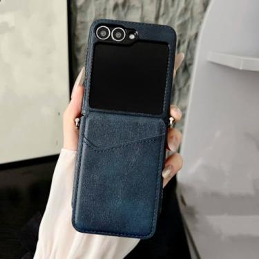 Imagem de Capa de luxo com compartimento para cartões e carteira para Samsung Galaxy Z Flip 7 6 5 4 3 5g Zflip7, capa lisa em couro (para Galaxy Z Flip7 FE/Azul)
