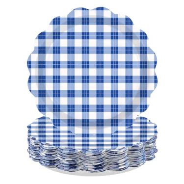 Imagem de Greencian 100 peças, pratos descartáveis de festa de guingão azul e branco, borda recortada, para aniversário, jantar, casamento, chá de bebê, piquenique, churrasco, suprimentos