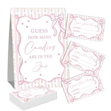 Imagem de Placa Guess How Many Candies (1 placa de pé e 50 cartões de adivinhação) Kit de cartas de jogo de atividades com tema de arco rosa para chás de bebê, festas de recém-nascidos, chá de noivado de