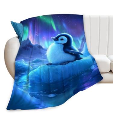 Imagem de Cobertor de pinguim fofo Aurora noite estrelada cobertores presentes para meninas, meninos, crianças, amantes de pinguins, pelúcia macia e aconchegante de lã para sofá cama 127 x 101 cm