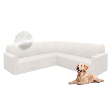 Imagem de HDCAXKJ Capas de sofá seccionais de veludo elástico em forma de L, conjunto de capas de sofá macias e grossas, em forma de U, protetor de móveis mágicos antiderrapantes para cães de estimação (bege