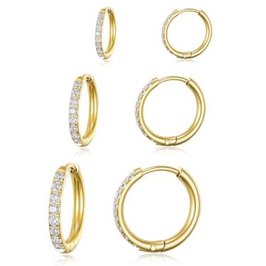 Imagem de Gemsme Brincos de argola de aço inoxidável cirúrgico 316L, banhado a ouro 18 K, conjunto hipoalergênico de zircônia cúbica para mulheres e homens, Aço inoxidável, Zircônia cúbica