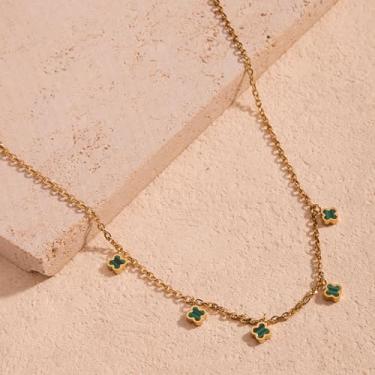 Imagem de Colar feminino com pingente delicado de trevo malaquita de aço titânio, hipoalergênico, não mancha