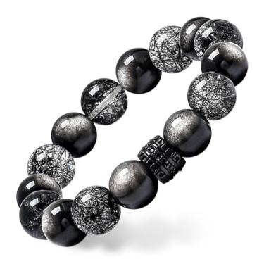 Imagem de GUXI - Pulseiras de obsidiana de prata Nightfall para homens, contas de pedras preciosas de alta pureza, puras, feitas à mão, cabelo preto, quartzo, energético, pulseiras para homens, joias vintage