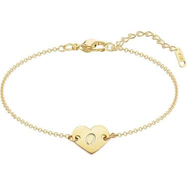 Imagem de Pulseira com inicial de coração MOMOL, banhada a ouro 18 K em aço inoxidável, adorável pingente de coração, bracelete delicado, bracelete com letras pequenas, nome de monograma personalizado para mulheres e meninas Dourado