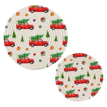 Imagem de Wassud Conjunto de tripé de caminhão de Natal para pratos quentes, suportes redondos de panela, almofadas quentes de algodão, porta-copos resistentes ao calor para decoração de cozinha, bancada, 2