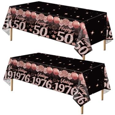 Imagem de Uiorgui 2 toalhas de mesa para aniversário de 50 anos, decoração de aniversário de 50 anos em ouro rosa preto para mulheres, vintage, 1976, toalha de mesa retangular de plástico, artigos de festa de
