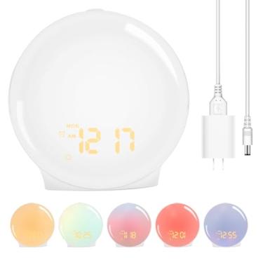 Imagem de Despertador Sunrise, máquina de som, alarme duplo, soneca, rádio FM, porta USB, brilho 20, luz de despertar inteligente, luz noturna regulável em 7 cores para quarto com sono pesado, adultos, crianças