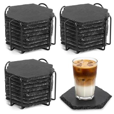 Imagem de ZOOFOX 24 peças de porta-copos de ardósia, porta-copos hexagonais de ardósia preta a granel para gravação a laser, porta-copos de bebidas com tapete inferior antiderrapante para decoração de casa, bar