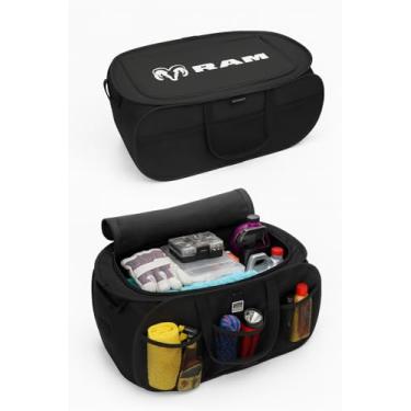 Imagem de SR1 Performance Organizador de armazenamento RAM para banco traseiro/caminhão – Organizador preto expansível/dobrável com logotipo listrado para todos os caminhões Dodge 1500, 2500, 3500, TRX