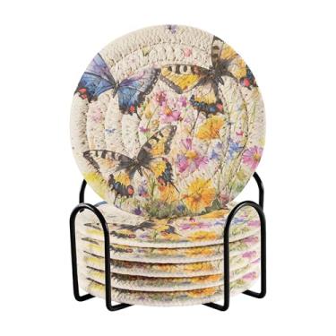 Imagem de SEHANY Elegante conjunto de 6 porta-copos de flores de borboleta com suporte, porta-copos redondos absorventes de algodão resistente ao calor para mesa de jantar, canecas de café, 10 cm