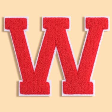 Imagem de QianSiLi Remendos de letras universitárias de chenille vermelho de 11 cm, letras grandes para jaquetas Letterman, moletons com capuz, mochilas, coletes, roupas, adesivos individuais com letra W