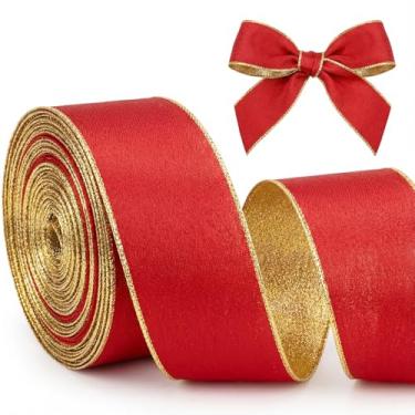 Imagem de Tegeme Fita de Natal de 2,5 m, dupla face, duas cores, vermelha e dourada, material de festa de Natal para laço, faça você mesmo, embrulho de cabelo, guirlanda, lembrancinha de festa