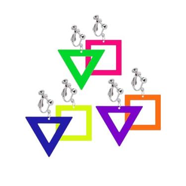 Imagem de 3 pares de brincos de neon dos anos 80 em acrílico exagerado com clipe de relâmpago, brincos não perfurados, joias de Halloween, festa dos anos 80, Zinco, Sem pedra preciosa