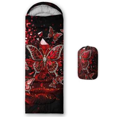 Imagem de QOOMO Sacos de dormir impermeáveis de borboleta vermelha para adultos e crianças, sacos de dormir impressos para acampamento, clima quente e frio, leve, viagem e ao ar livre, equipamentos de