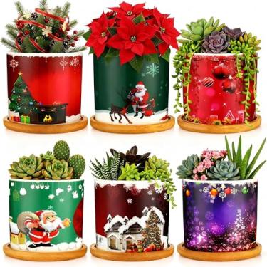 Imagem de Meanplan 6 vasos de cerâmica natalinos de 8,5 cm com orifícios de drenagem e 6 bandejas de bambu, suculentas, vasos de cacto para plantas internas e externas, Natal, decoração de escritório