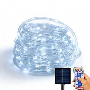 Imagem de Luzes de corda solar ao ar livre – 200 luzes LED à prova d'água com controle remoto, temporizador e 8 modos, sem emaranhamento, iluminação de tubo branco frio para jardim, árvores, pátio e caminho