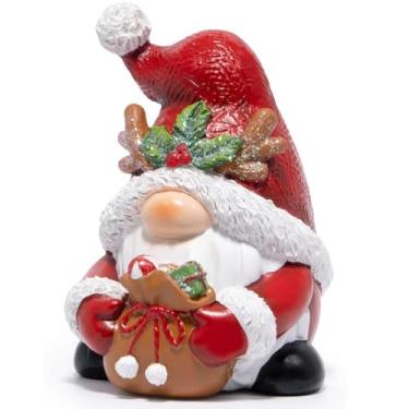 Imagem de Hodao Estatueta de gnomo de Natal com saco de presente, enfeites de férias de resina para decoração de mesa interna — Mini elfo escandinavo de 10 cm, decorações de casa fofas e presente colecionável