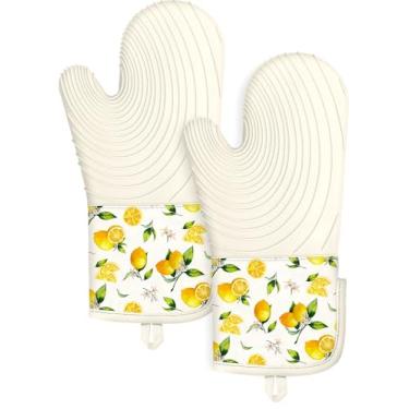 Imagem de Slohif Luvas de forno longas de silicone resistentes ao calor para mulheres – 2 peças de luvas de forno de limão 100% algodão, luvas de forno de silicone antiderrapantes e impermeáveis com gancho para