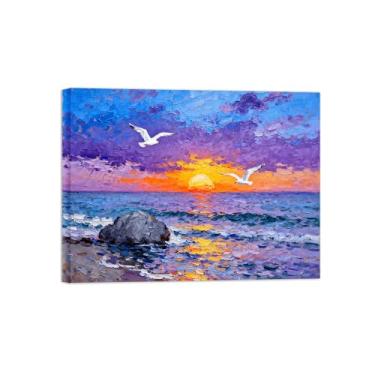 Imagem de Arte de parede paisagem imagem em tela - pássaros do pôr do sol do mar - impressão de pintura de decoração moderna para sala de estar pronta para pendurar tela embrulhada 60x80cm24x31in