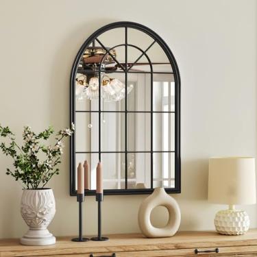 Imagem de MYOTA Espelho de parede preto arqueado - espelho de painel de janela de 61 cm x 91 cm com moldura de metal, espelhos decorativos de parede de arco preto para sala de estar, quarto, entrada, lareira