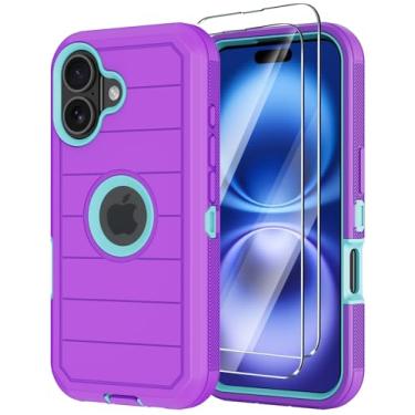 Imagem de Capa para iPhone 16 Plus com protetor de tela, capas resistentes de 3 camadas de proteção contra quedas de grau militar, capa de celular resistente à prova de choque e poeira para Apple 16 Plus de 6,7