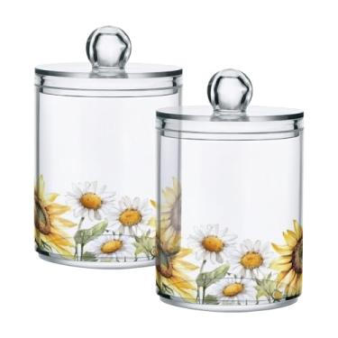 Imagem de JUZIHAI Suporte para margaridas de girassóis Qtip, frasco de boticário de plástico transparente com tampa, organizador de banheiro, recipientes de armazenamento de maquiagem para bola de algodão