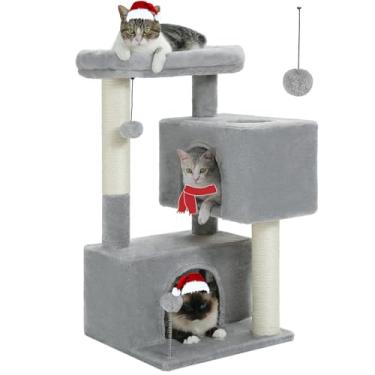 Imagem de UYMI Torre de árvore para gatos internos com 2 condomínios aconchegantes, torre para gatos de 80 cm com postes para arranhar, poleiro espaçoso para gatos, 2 cavernas para gatos, 2 bolas penduradas,