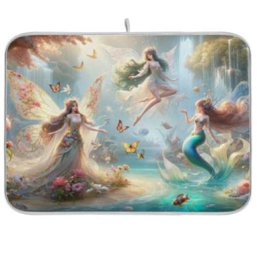 Imagem de Tapete de secagem de pratos Fantasy Fairy, 45 x 61 cm, tapete de escorredor de pratos, secagem rápida para balcão de cozinha, decoração de casa de férias
