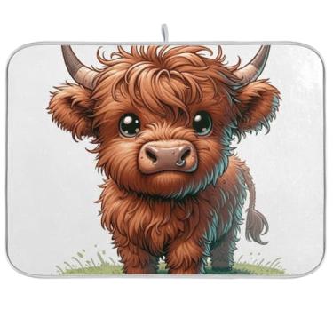 Imagem de Tapetes reversíveis de secagem de louça, tapete de pratos de secagem rápida para gado das terras altas, tapetes de escorredor de pratos de microfibra, tapete de bancada de cozinha, 40,6 x 45,7 cm