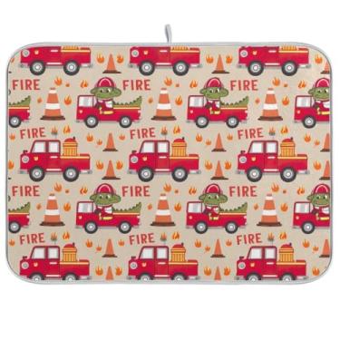 Imagem de Tapete de secagem de pratos de caminhões de bombeiros de crocodilo 45 x 61 cm reversível tapete de café absorvente tapete de cozinha tapete de balcão de cozinha