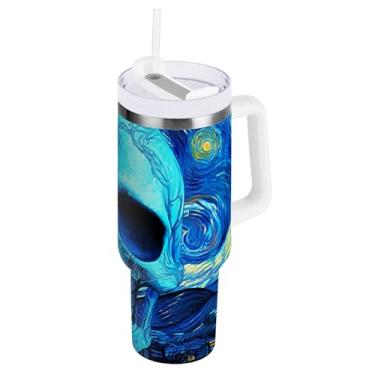 Imagem de ODAWA Caneca grande com isolamento de caveira azul com canudo e alça, copos de aço inoxidável isolados com tampa 2 em 1