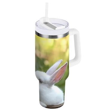 Imagem de ODAWA Caneca grande com isolamento de grama de coelho branco com canudo e alça, copo isolado a vácuo com tampa 2 em 1