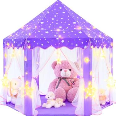 Imagem de EVOIONOS Barraca de princesa roxa para meninas, barraca infantil com luzes grandes de estrelas, castelo de brinquedo para crianças, jogos internos e externos, 139,7 x 134,6 cm