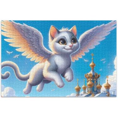 Imagem de Quebra-cabeça de gato voador asas de anjo 500 peças para adultos família elefante branco presentes quebra-cabeças rígidos para adultos arte animal, 51 x 35 centímetros