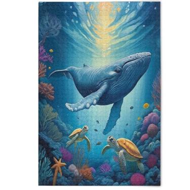 Imagem de Quebra-cabeça 1000 peças adultos bonito baleia azul tartaruga família animal presentes elefante branco quebra-cabeças cena de inverno jogo família decoração de casa, 1000 peças, 75 x 50 cm
