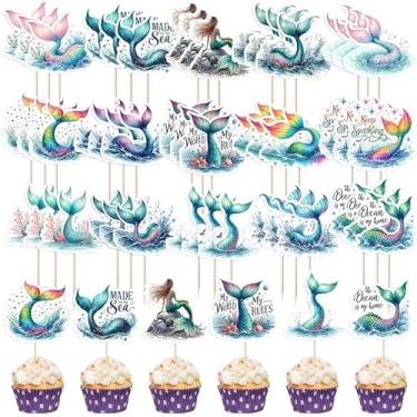 Imagem de Kaoenla Topo de bolo de sereia de 48 peças - para topo de bolo com tema sereia sob o mar, chá de bebê, casamento, noivado, chá de panela, revelação de gênero (meninos e meninas) suprimentos de festa