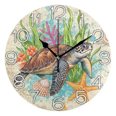 Imagem de GAIGEO Relógio de parede decorativo analógico operado por bateria silencioso relógio de cozinha fofo, arte de parede boho, decoração de casa, tartarugas marinhas vintage, 25 cm, ponteiros pretos