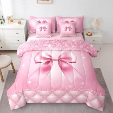 Imagem de Feelyou Conjunto de edredom com laço rosa com 7 peças, Queen, cama de princesa sonhadora em uma bolsa, para crianças, meninos e meninas, decoração de quarto fofo, respirável, macio e leve