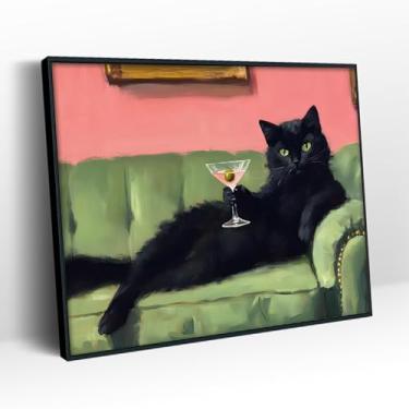 Imagem de Arte de parede em tela de gato preto engraçado Martini fofo gato preto descansando no sofá decoração de parede fotos de bar de coquetéis carrinho impressões para quarto, sala de estar, cozinha