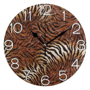 Imagem de Relógio de parede decorativo analógico funky alimentado por bateria relógio de escritório cozinha, decoração de sala de estar arte moderna impressão de tigre listrado marrom, 25 cm, ponteiros pretos